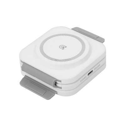 Carregador wireless compacto branco com abas cinza e logo 'G' no topo