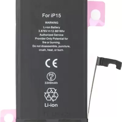 Bateria Li-ion preta para iPhone 15 com texto branco e abas rosadas