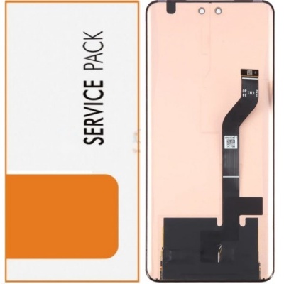 Ecrã táctil rosa claro de smartphone ao lado de embalagem SERVICE PACK