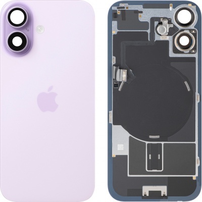 Traseira lilás de smartphone Apple e painel interno com componentes eletrónicos