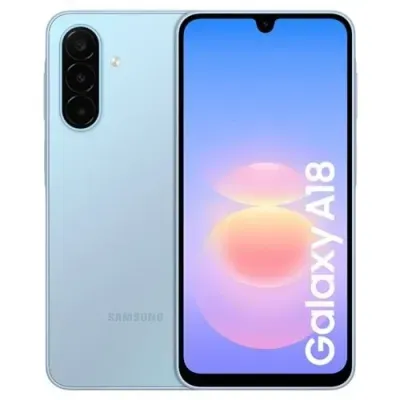 Smartphone Samsung Galaxy A18 azul-claro com três câmaras traseiras e ecrã frontal
