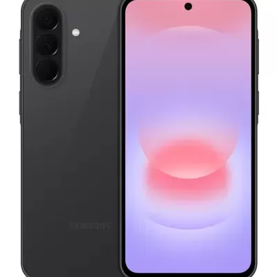 smartphone Samsung preto com três câmaras traseiras e ecrã com padrão rosa e roxo