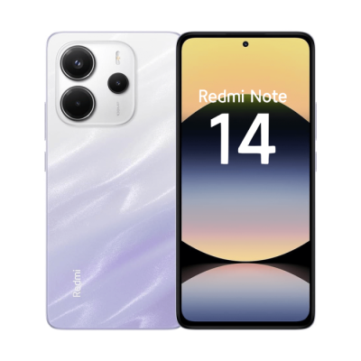 Smartphone Redmi Note 14 branco com três câmaras traseiras e ecrã com texto