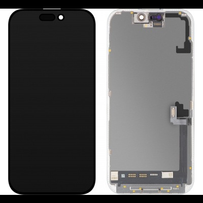 Frontal e interior de ecrã de smartphone preto com componentes internos visíveis