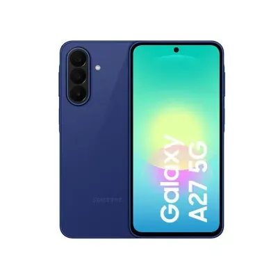 Smartphone Samsung Galaxy A27 5G azul com três câmaras traseiras e ecrã frontal com texto