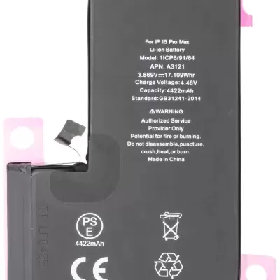 Bateria Li-ion preta para iPhone 15 Pro Max com texto e detalhes