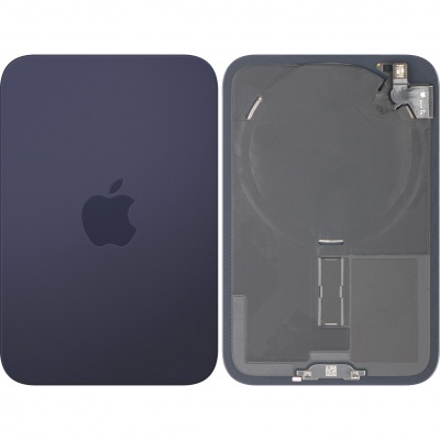 Unidade retangular azul escuro com logo Apple e outra com interior visível