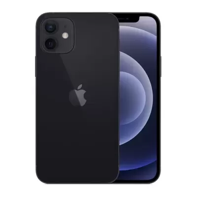 Smartphone preto Apple com duas câmaras e padrão circular azul no ecrã