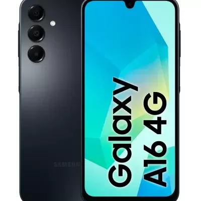 Smartphone Samsung Galaxy A16 4G preto com ecrã e três câmaras na parte traseira