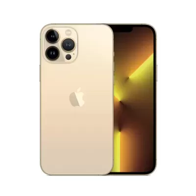 Smartphone Apple iPhone dourado com três câmaras e ecrã frontal ligado
