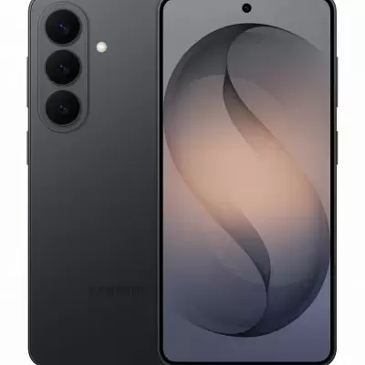 Smartphone preto Samsung com três câmaras traseiras e ecrã frontal abstrato