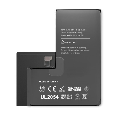 Bateria preta para iPhone com texto branco e símbolos de certificação