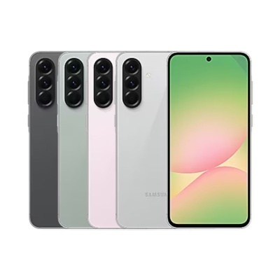 Cinco smartphones Samsung em várias cores com ecrã frontal e câmaras traseiras