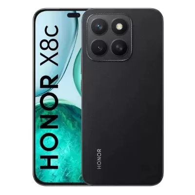 Smartphone HONOR X8c preto com ecrã azul e câmara tripla