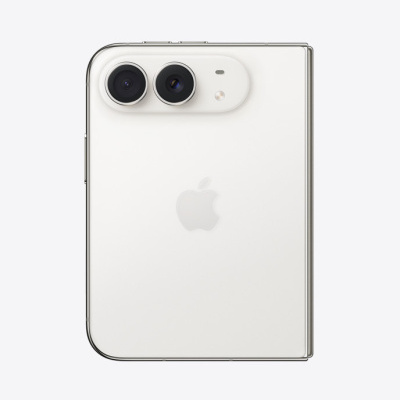 Smartphone dobrável branco com câmaras grandes e logotipo Apple