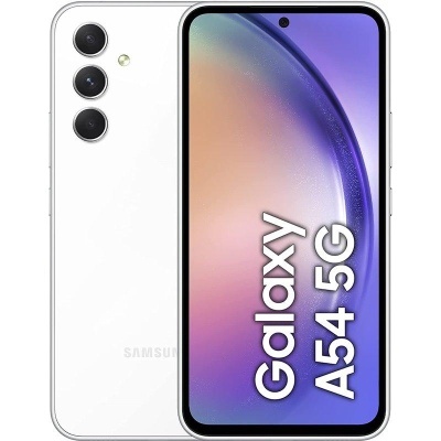 Smartphone Samsung Galaxy A54 5G branco com três câmaras traseiras e ecrã frontal com texto Galaxy A54 5G