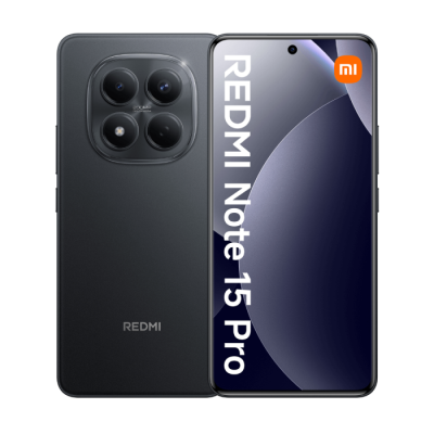 Smartphone Redmi Note 15 Pro preto com módulo de câmaras e ecrã frontal