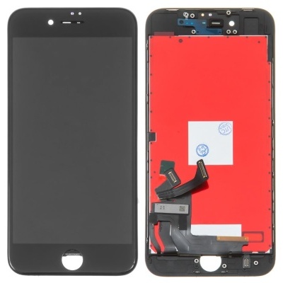 Ecrã frontal e traseiro de smartphone preto com cabos flexíveis e fundo vermelho