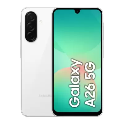 Smartphone Samsung Galaxy A26 5G branco com ecrã e câmara traseira tripla
