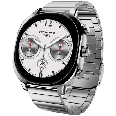 Relógio inteligente HiFuture com bracelete de metal prateado e mostrador branco