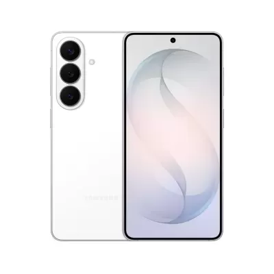 Smartphone Samsung branco com três câmaras traseiras e ecrã frontal