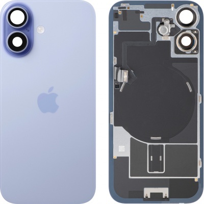 Duas capas traseiras azuis para smartphone, uma com logotipo Apple e outra mostrando o interior técnico