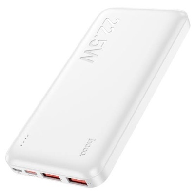 Power bank branco com dois USB tipo A, um USB tipo C e marca hoco