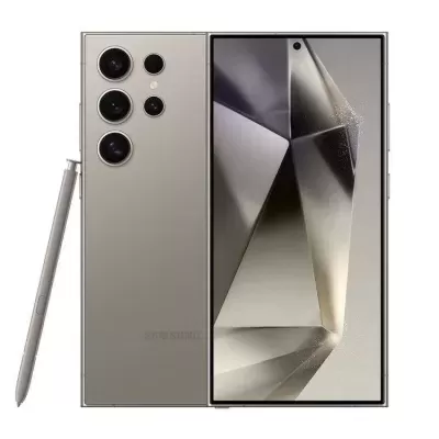 Smartphone Samsung prateado com quatro câmaras traseiras e stylus.