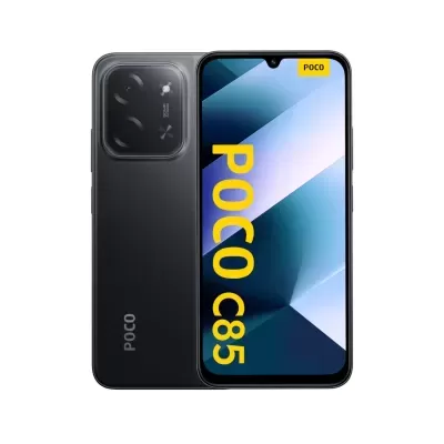 Smartphone POCO C85 preto com câmara dupla e ecrã azul.