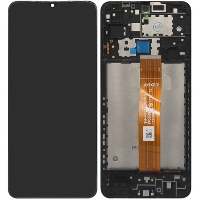 Dois componentes de smartphone, ecrã negro e parte interna com fita flexível laranja.