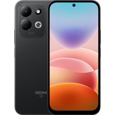 Smartphone preto Redmi 5G com duas câmaras traseiras e ecrã colorido frontal