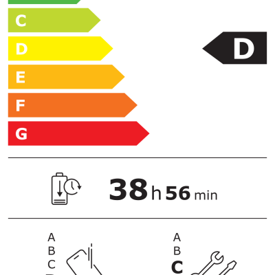 Etiqueta de eficiência energética Redmi com classificação D, duração 38h56min, resistência queda D, IP64, 1000 ciclos