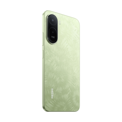 Smartphone Redmi verde claro com padrão texturizado e duas câmaras traseiras