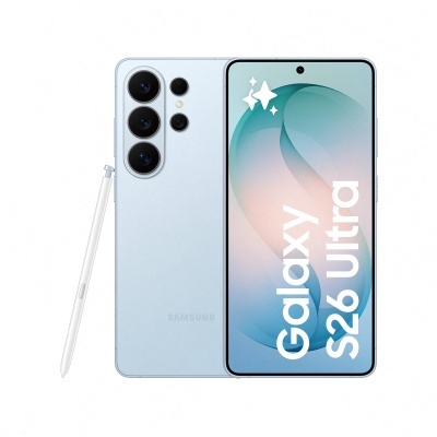 Smartphone Samsung Galaxy S22 Ultra azul com caneta S Pen branca e texto no ecrã