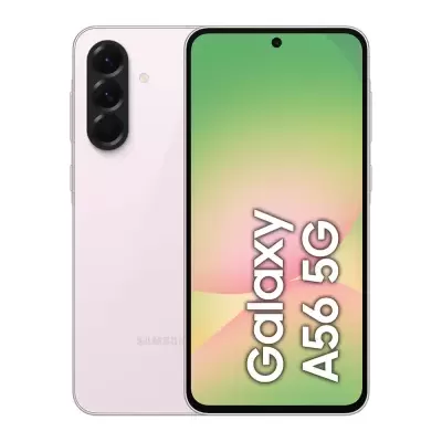 Smartphone Samsung Galaxy A56 5G rosa com ecrã frontal e três câmaras traseiras