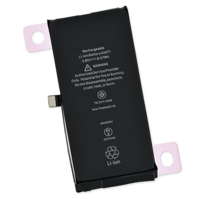 Bateria recarregável Li-ion preta com texto branco e etiquetas rosadas nas extremidades