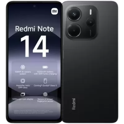 Smartphone Redmi Note 14 preto com ecrã e traseira visíveis