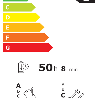 Etiqueta de eficiência energética UE para produto POCO com classificação B e duração de 50 horas 8 minutos