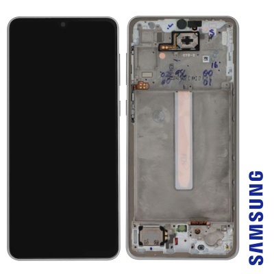 Dois componentes de telemóvel Samsung, ecrã preto e parte interna metálica com circuitos