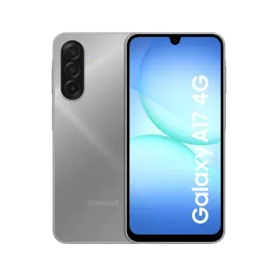 Samsung Galaxy A17 4G smartphone cinza com câmara tripla e ecrã azul