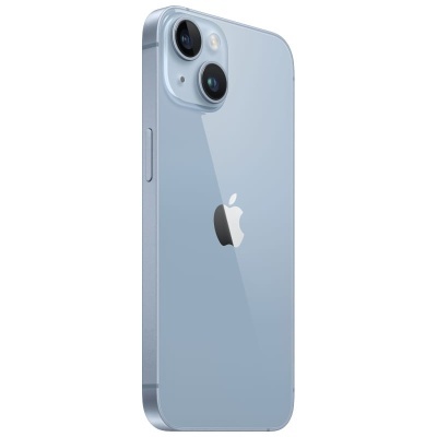 Smartphone Apple iPhone azul clara com duas câmeras e logotipo Apple
