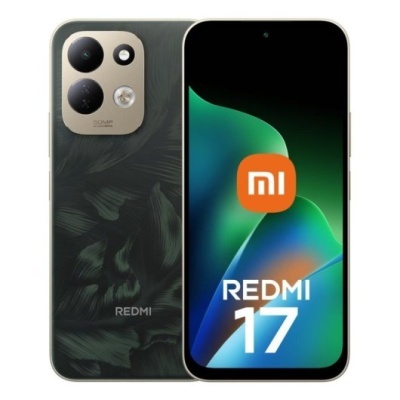 Smartphone Redmi 17 preto com câmara dupla e ecrã com texto