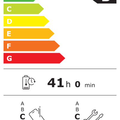 Etiqueta energética da UE para produto APPLE com eficiência B, autonomia 41h, resistência a quedas e reparação classificadas C, bateria 1000 ciclos, IP68.