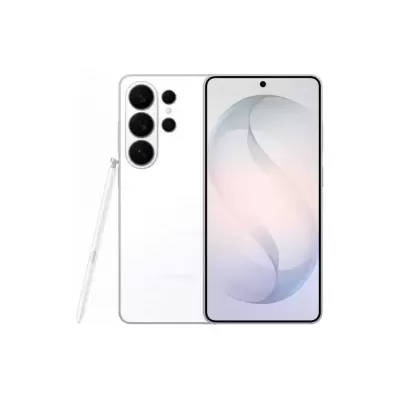 Smartphone branco Samsung com várias câmaras e caneta táctil.