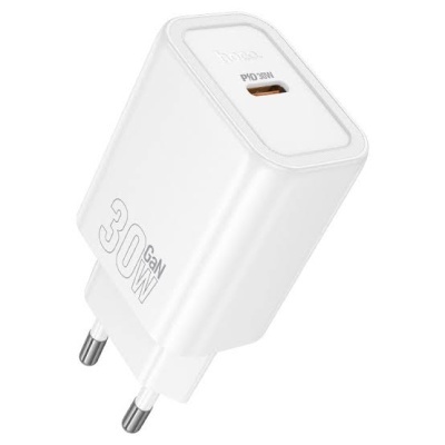 Carregador de parede branco com plugue europeu e entrada USB-C