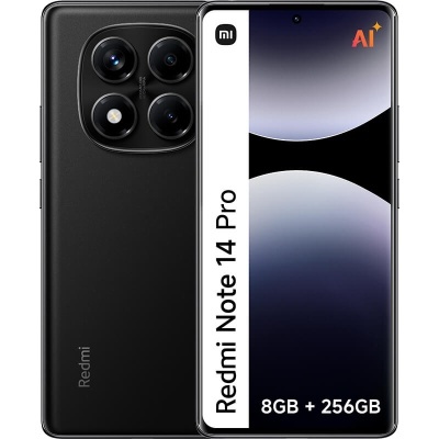 Smartphone preto Redmi Note 14 Pro com três câmaras traseiras e ecrã com texto