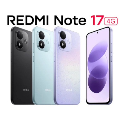 Smartphones Redmi Note 17 4G em várias cores e ecrã frontal com padrão roxo