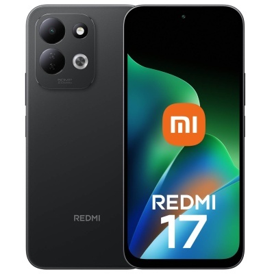 Smartphone Redmi 17 preto com câmara quadrupla e ecrã com logótipo Xiaomi
