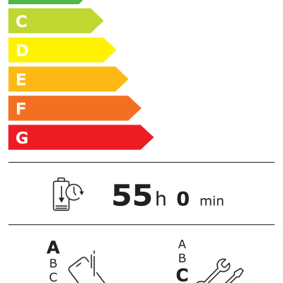 Etiqueta de eficiência energética Samsung com classificação A e duração de 55 horas
