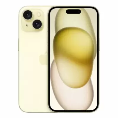 Smartphones amarelos claros, um visto de trás e outro a mostrar ecrã com imagem abstrata.